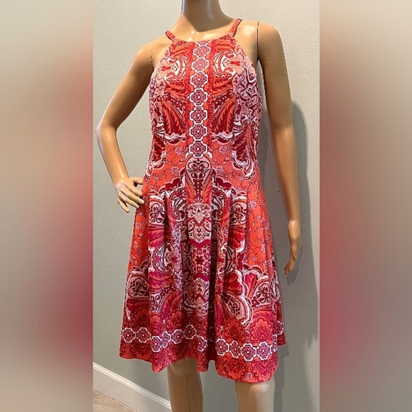 Vince Camuto Printed Scuba Halter Dress in Coral, White &Hot PinkSiz -  mugladatatil.com